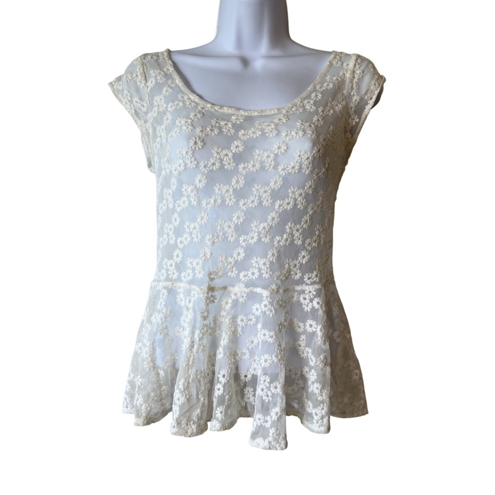 American Eagle Outfitters Women's Lace Peplum Top small Ivory‎ Floral Sheer Blou